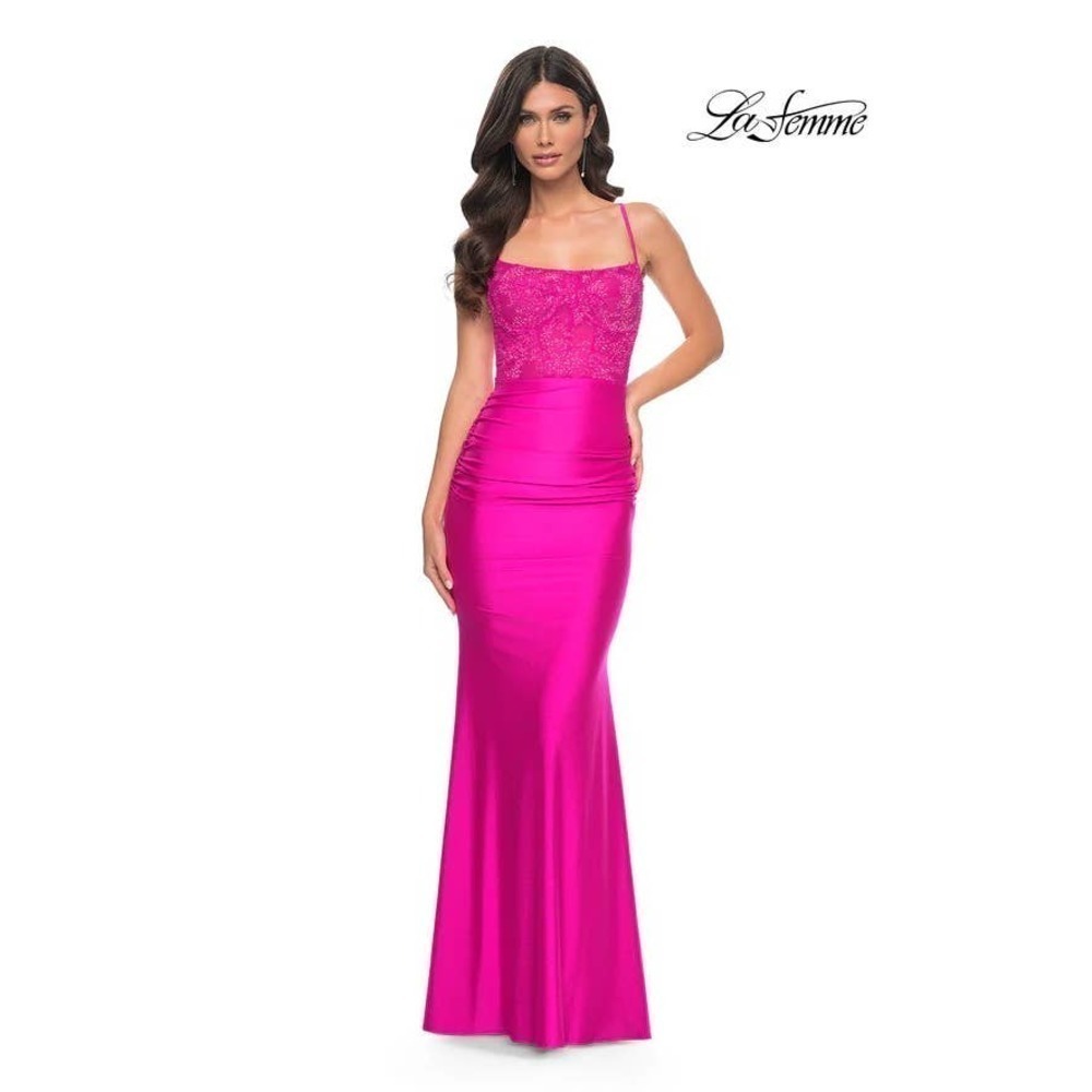 La Femme Ruched Open Lace Up Back Maxi Dress Women's Size 6 NWOT
